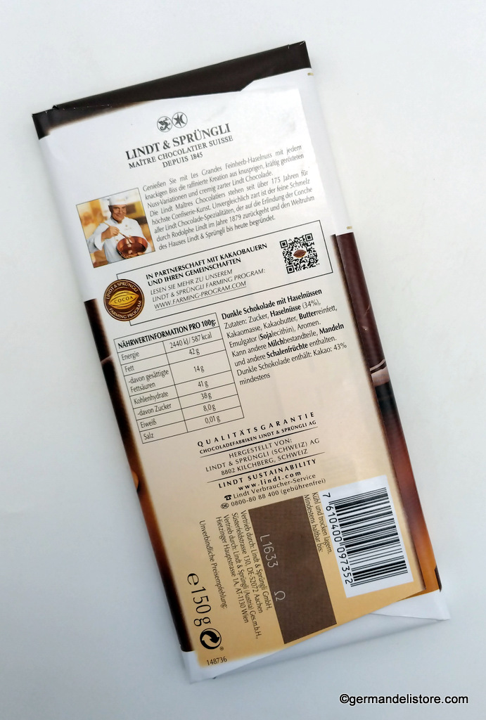 Lindt Les Grandes Dark Chocolate Hazelnut Bar 150g